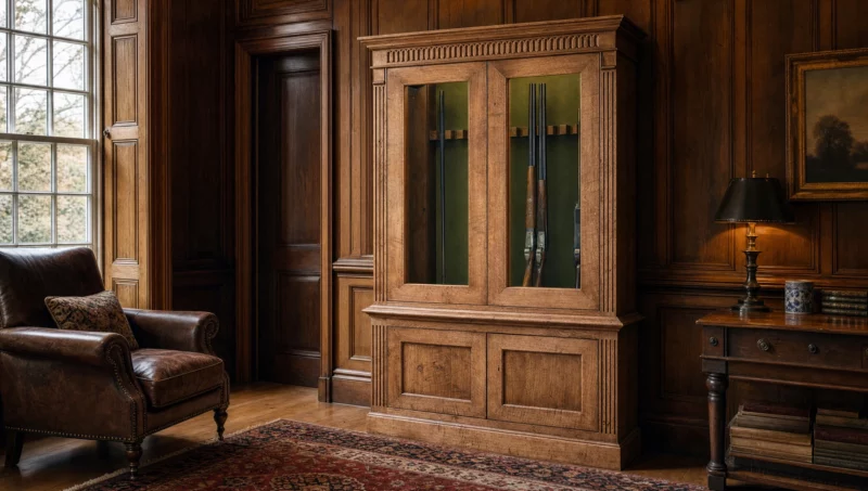 A bespoke gun cabinet in oak, security-rated and made as furniture, by Sporting Cabinetmakers