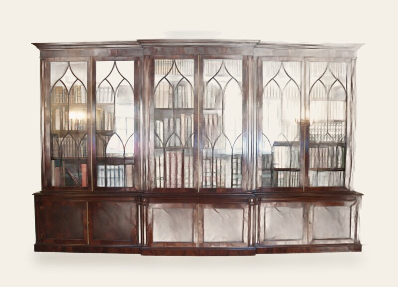 Architectural 6 door glazed bookcase in mahogany, view 1 — handmade by Bryn Hall in Suffolk