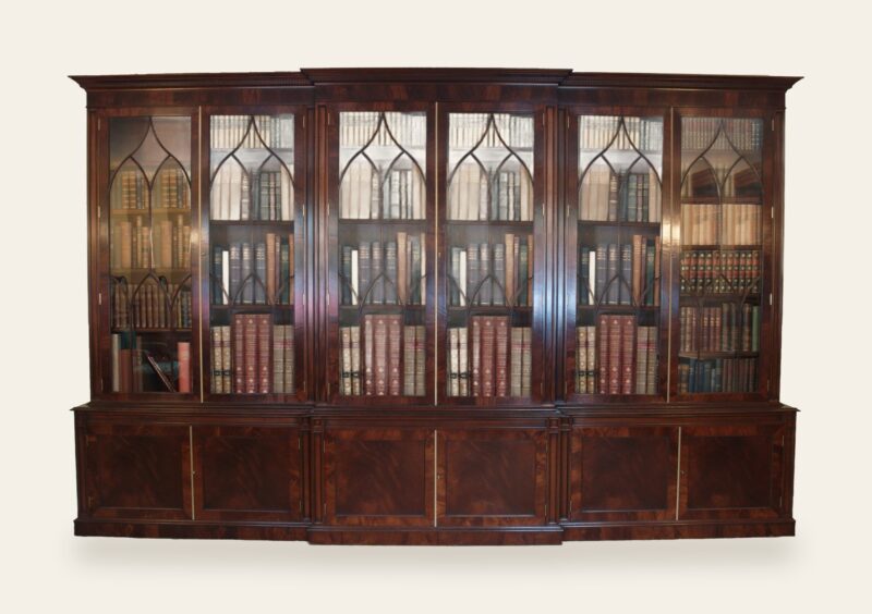 Architectural 6 door glazed bookcase in mahogany, view 2 — handmade by Bryn Hall in Suffolk