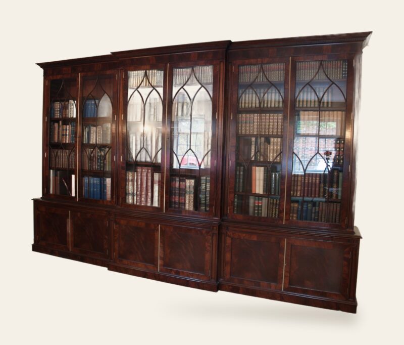 Architectural 6 door glazed bookcase in mahogany, view 4 — handmade by Bryn Hall in Suffolk