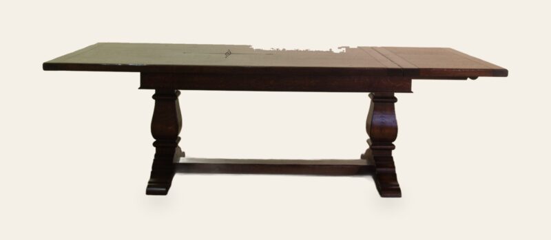 Ban saw twin pedestal refectory table star carved in the, top, view 1 — handmade by Bryn Hall in Suffolk