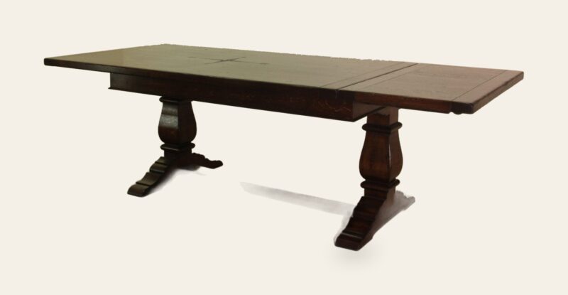 Ban saw twin pedestal refectory table star carved in the, top, view 2 — handmade by Bryn Hall in Suffolk