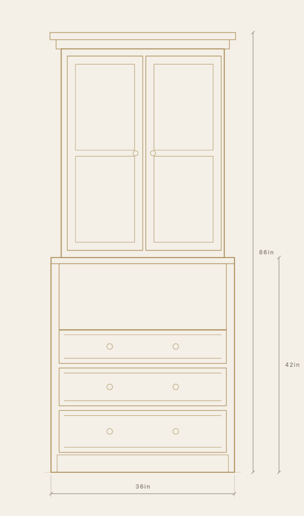 Bureau with a panelled bookcase top — measured front elevation