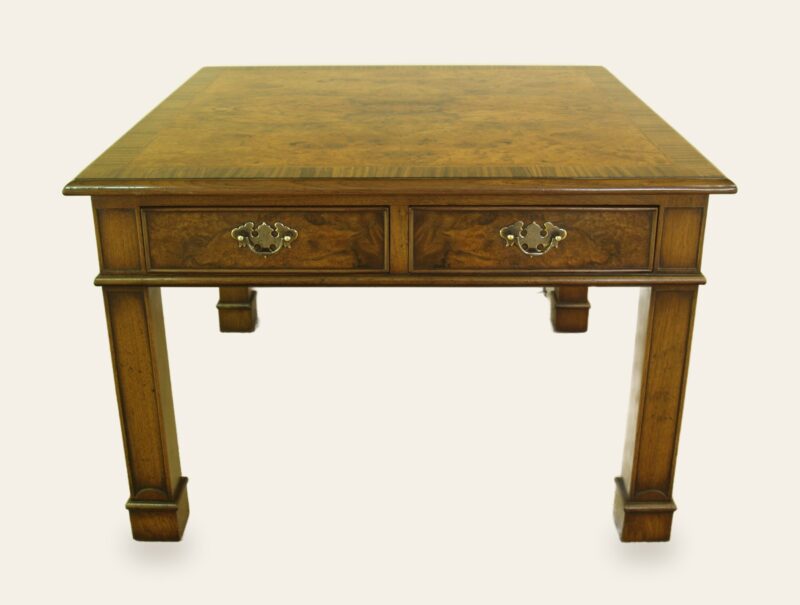 Burr walnut coffee table, front view — handmade by Bryn Hall in Suffolk