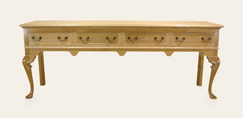 Cab leg four drawer side board limed oak, front view — handmade by Bryn Hall in Suffolk