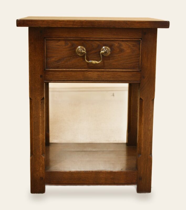 Canted corner lamp table with one drawer view one — handmade by Bryn Hall in Suffolk