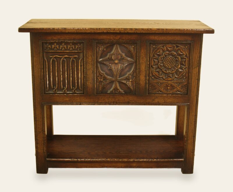 Carved credence cabinet, front view — handmade by Bryn Hall in Suffolk
