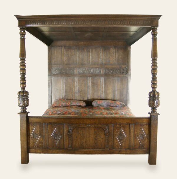 Carved four poster bed 961 view one — handmade by Bryn Hall in Suffolk