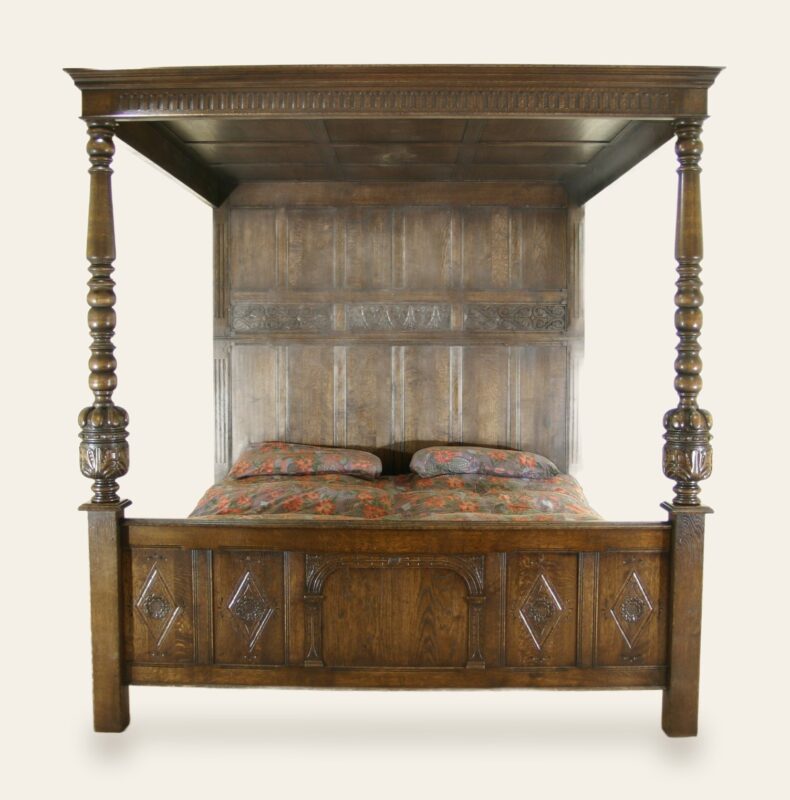 Carved four poster bed 961 view one — handmade by Bryn Hall in Suffolk