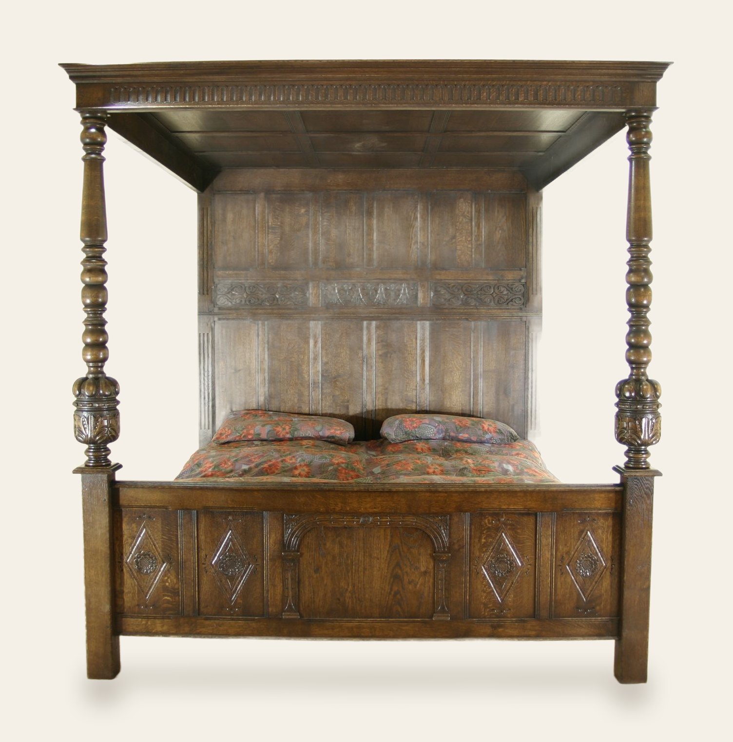 Carved four poster bed 961 view one — handmade by Bryn Hall in Suffolk