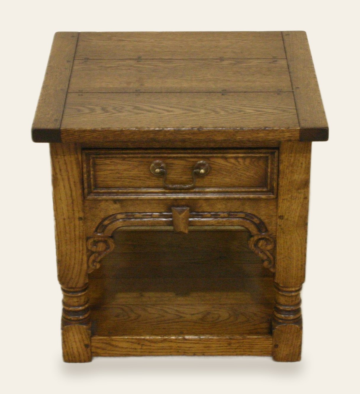 Carved lamp table one drawer and potboard — handmade by Bryn Hall in Suffolk