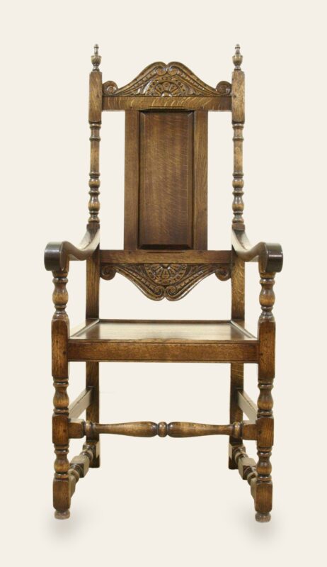 Carved panel back carver chair 525, front view — handmade by Bryn Hall in Suffolk