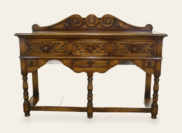 Carved three drrawer potboard base with candle drawers — handmade by Bryn Hall in Suffolk