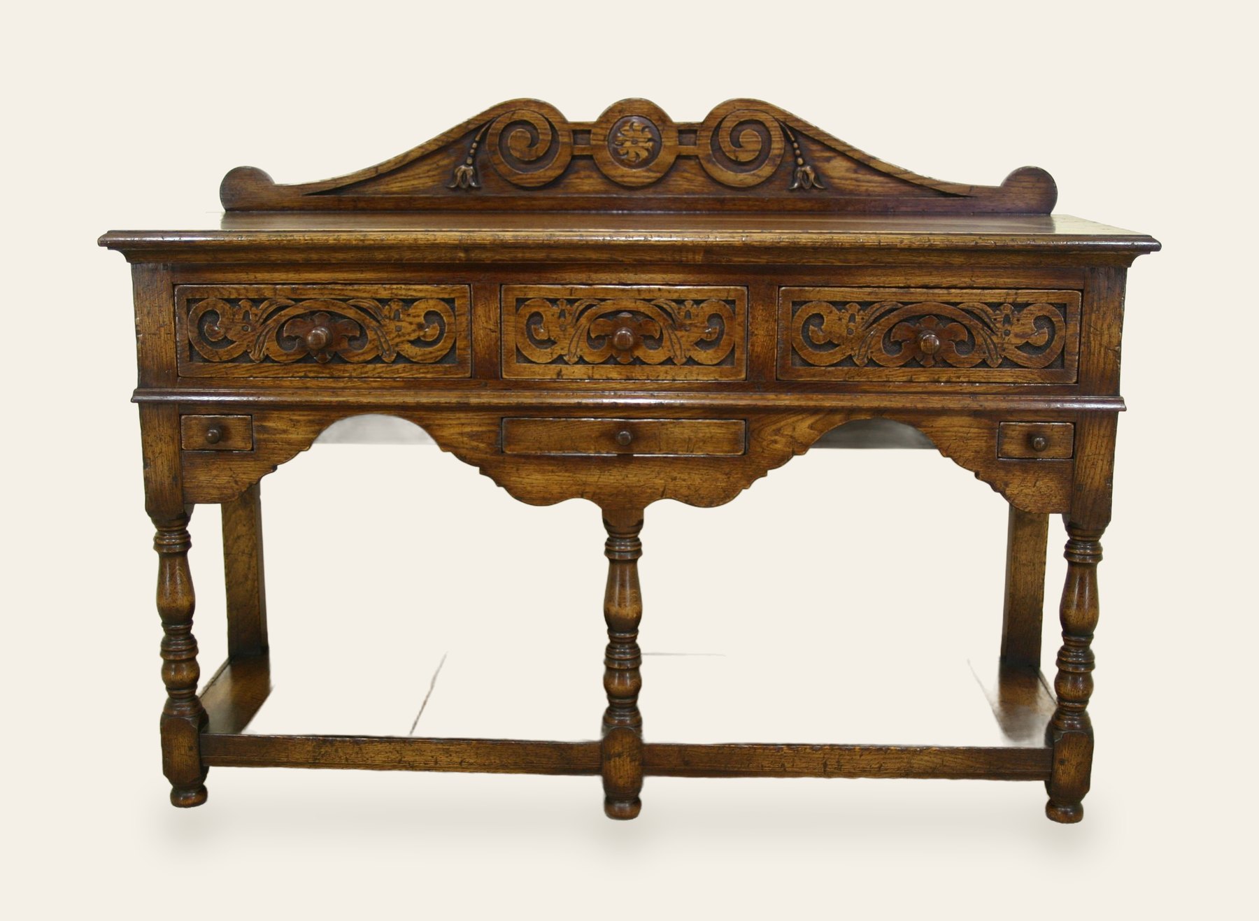 Carved three drrawer potboard base with candle drawers — handmade by Bryn Hall in Suffolk