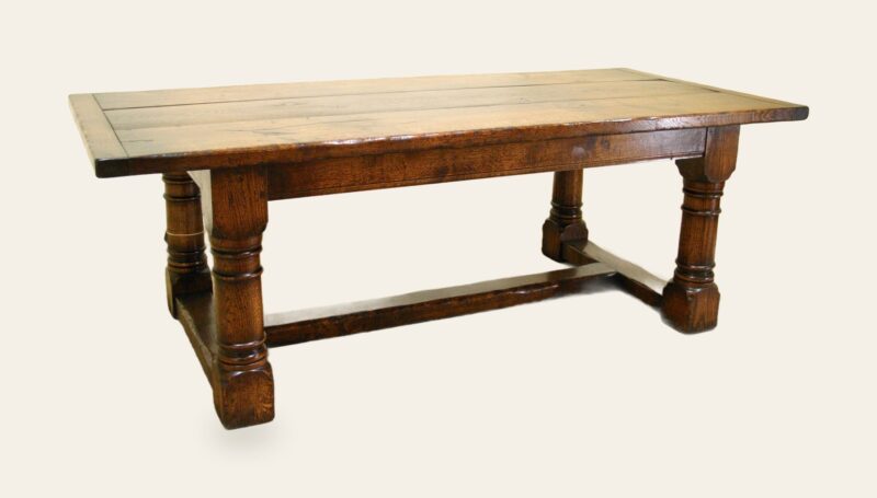 Character oak refectory table 303c, angle view — handmade by Bryn Hall in Suffolk