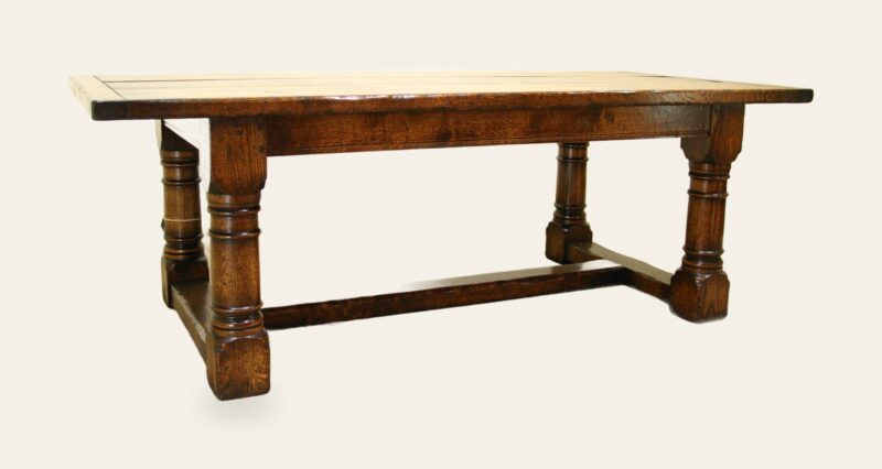 Character oak refectory table 303c low, angle view — handmade by Bryn Hall in Suffolk