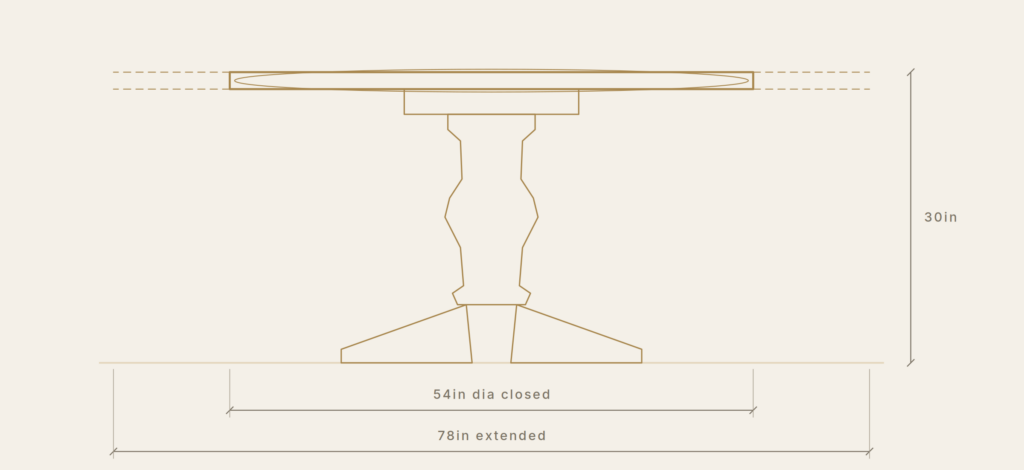 Circular extending pedestal table — measured front elevation