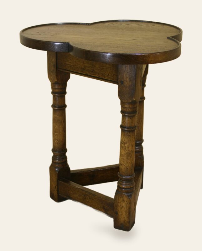 Clover leaf lamp table 722, angle view — handmade by Bryn Hall in Suffolk