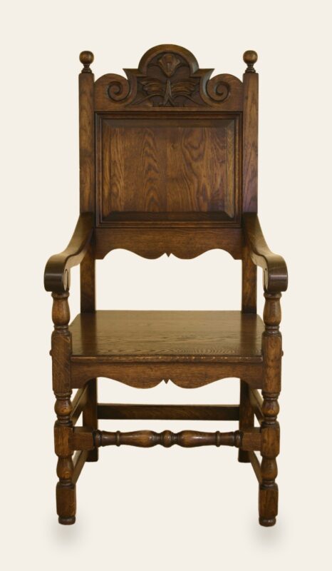 Coach house carver chair 518, front view — handmade by Bryn Hall in Suffolk