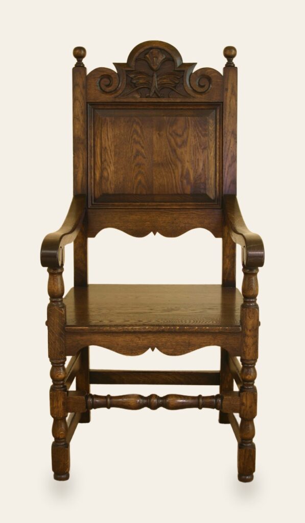 Coach house carver chair 518, front view — handmade by Bryn Hall in Suffolk
