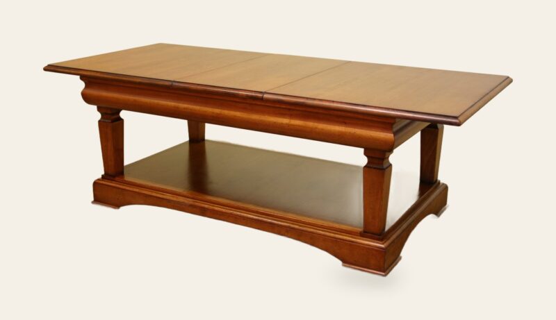 Coffee table with leaf store under cherry, angle view leaf in — handmade by Bryn Hall in Suffolk