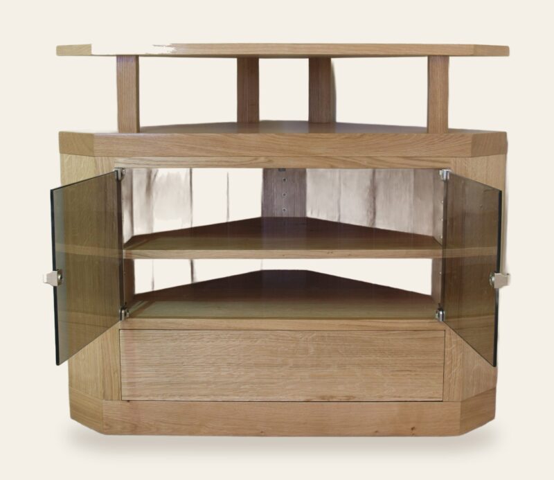 Contemporary tv stand doors open — handmade by Bryn Hall in Suffolk