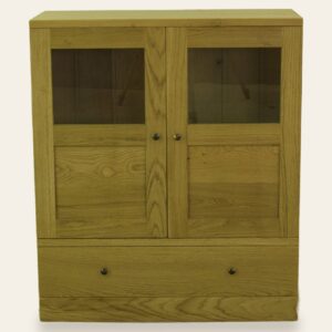 Contemporary two glass door cabinet with one drawer, front view — handmade by Bryn Hall in Suffolk