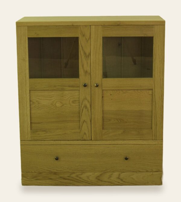 Contemporary two glass door cabinet with one drawer, front view — handmade by Bryn Hall in Suffolk