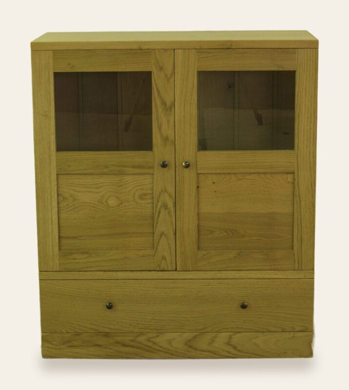 Contemporary two glass door cabinet with one drawer, front view — handmade by Bryn Hall in Suffolk