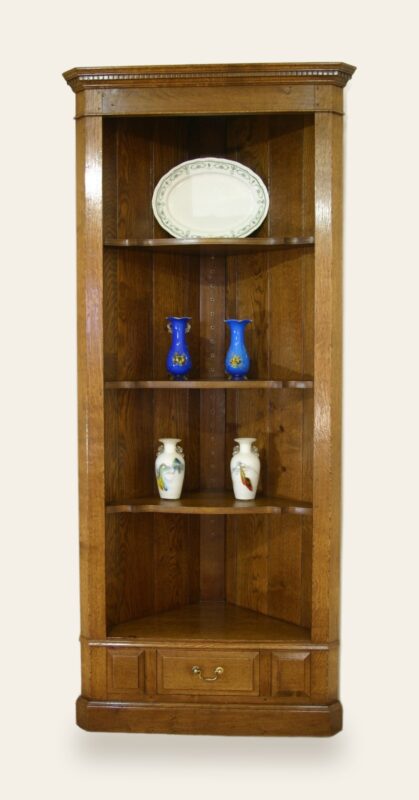 Corner bookcase with drawers view one — handmade by Bryn Hall in Suffolk