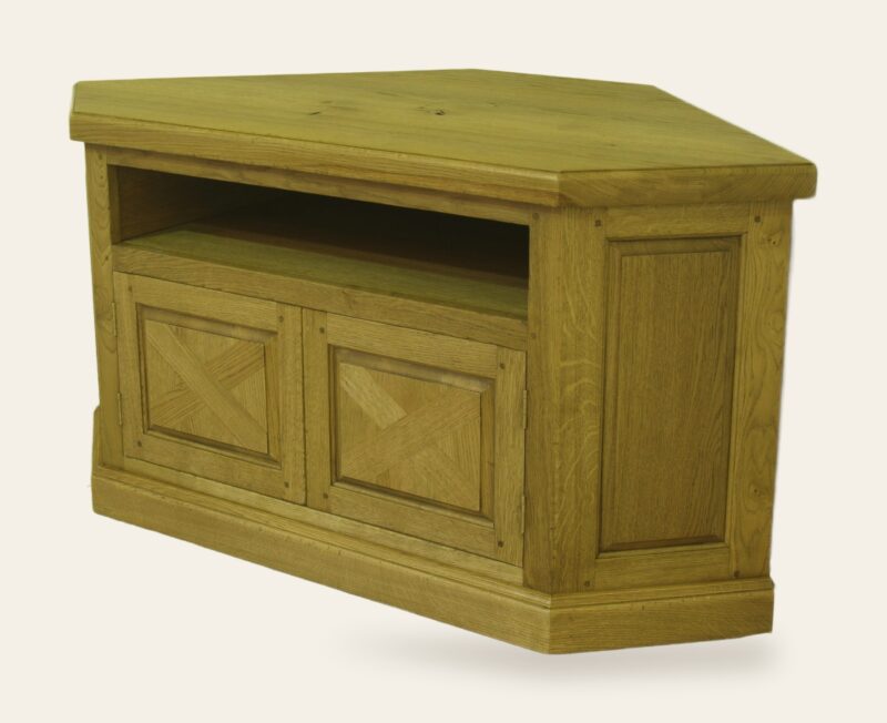 Corner tv stand with inlay on door, angle view — handmade by Bryn Hall in Suffolk
