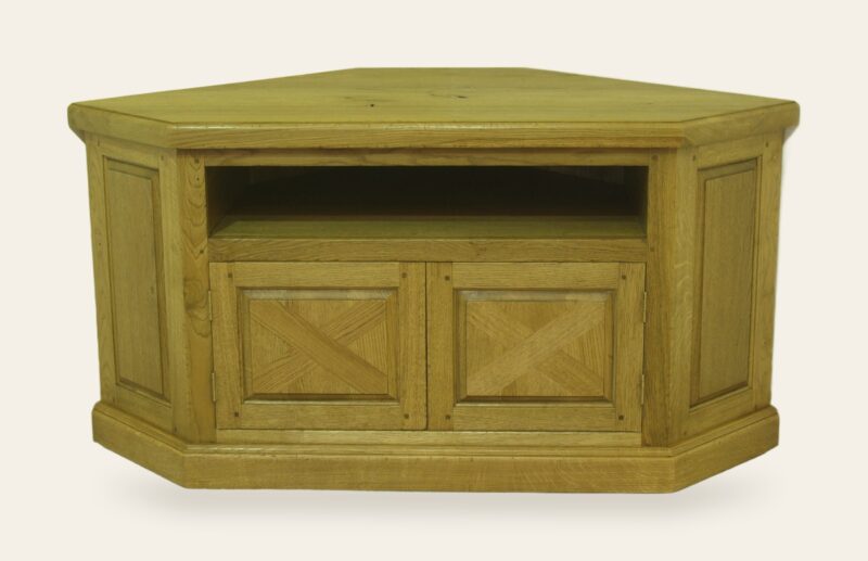 Corner tv stand with inlay on door, front view — handmade by Bryn Hall in Suffolk