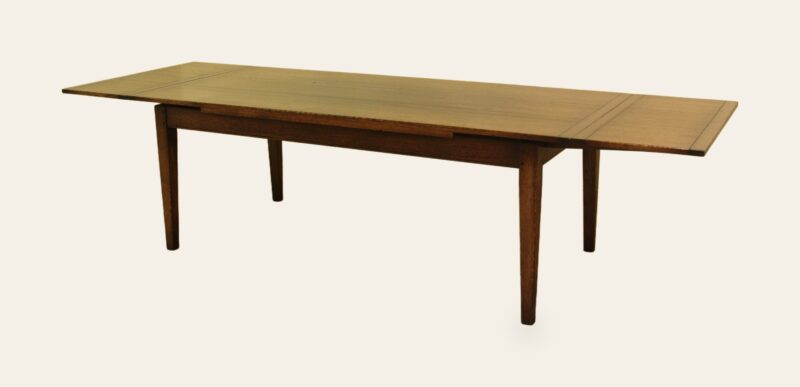 Farm house drawleaf table, angle view both leaves out — handmade by Bryn Hall in Suffolk