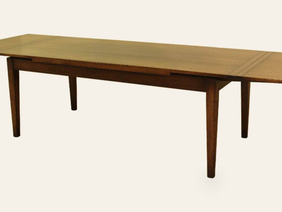 Farm house drawleaf table, angle view both leaves out — handmade by Bryn Hall in Suffolk