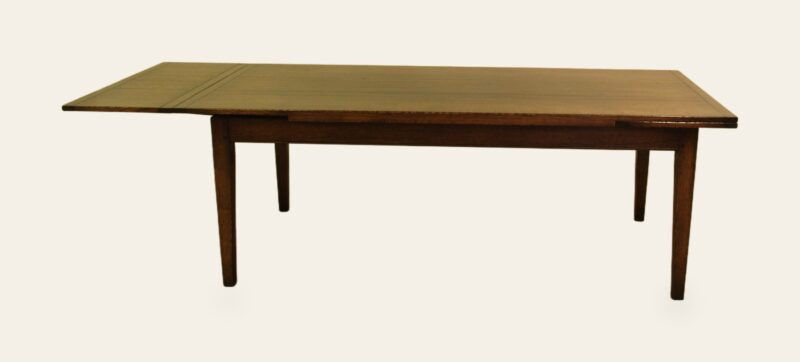 Farm house drawleaf table, side view one leaf out — handmade by Bryn Hall in Suffolk