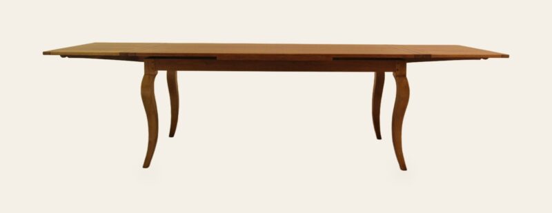 Farm house drawleaf table with cabriole legs, side view with both leaf out — handmade by Bryn Hall in Suffolk