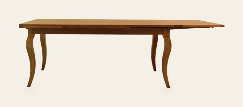 Farm house drawleaf table with cabriole legs, side view with one leaf out — handmade by Bryn Hall in Suffolk