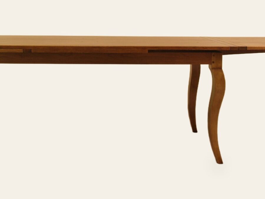 Farm house drawleaf table with cabriole legs, side view with one leaf out — handmade by Bryn Hall in Suffolk