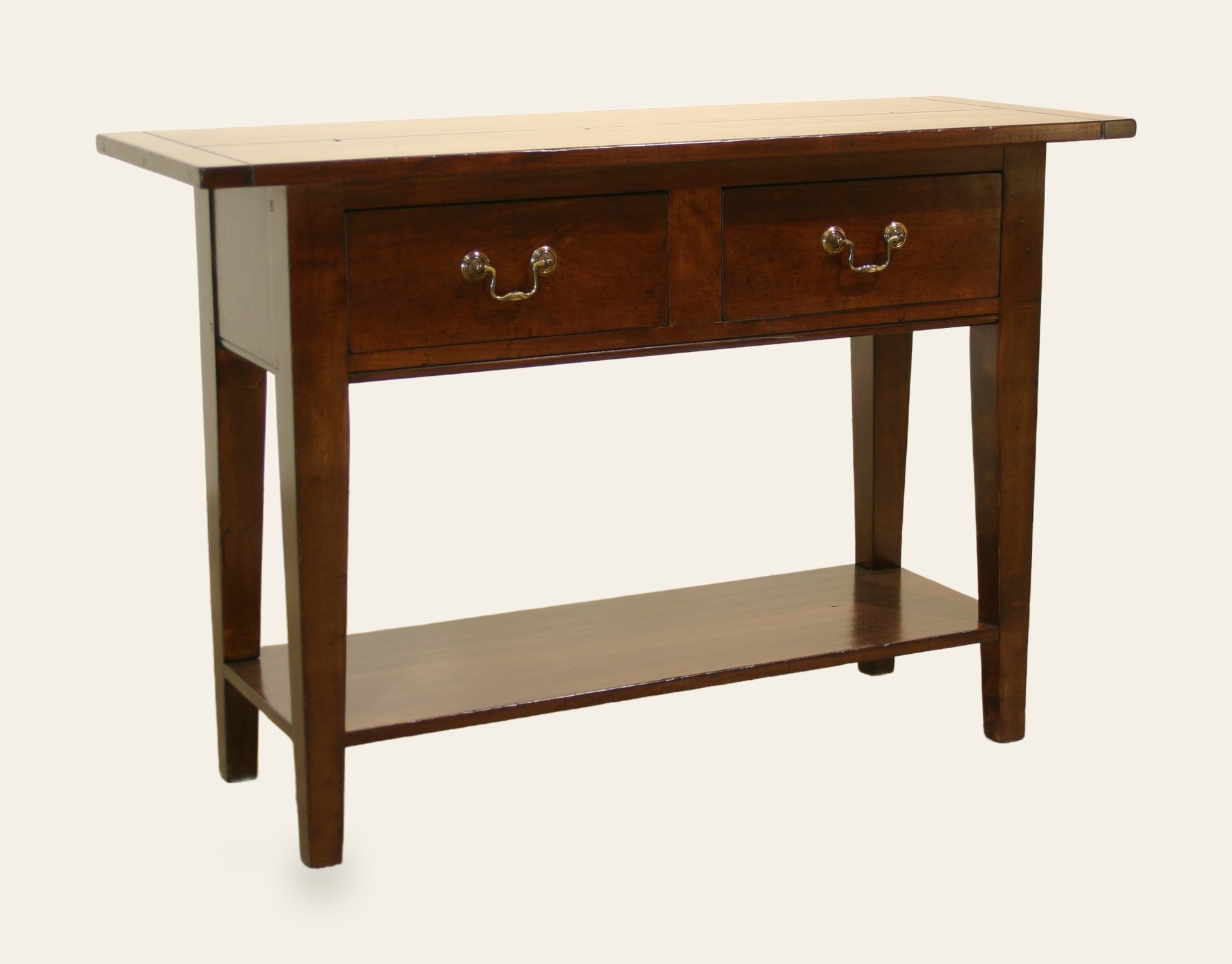 Farm house side table two drawers and potboard 136, angle view — handmade by Bryn Hall in Suffolk