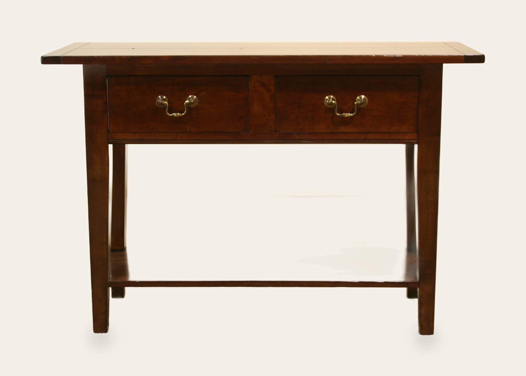 Farm house side table two drawers and potboard 136, front view — handmade by Bryn Hall in Suffolk