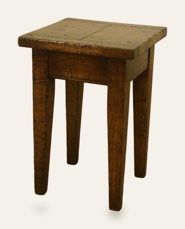 Farm house stool anlge view — handmade by Bryn Hall in Suffolk