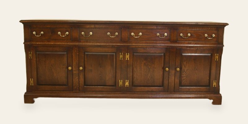 Four door drawer dresser base square fielded doors, front view — handmade by Bryn Hall in Suffolk