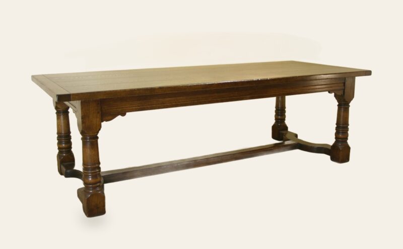 Four planked top refectory table bryn hall 303, angle view — handmade by Bryn Hall in Suffolk