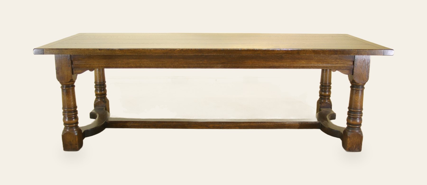 Four planked top refectory table bryn hall 303, side view — handmade by Bryn Hall in Suffolk