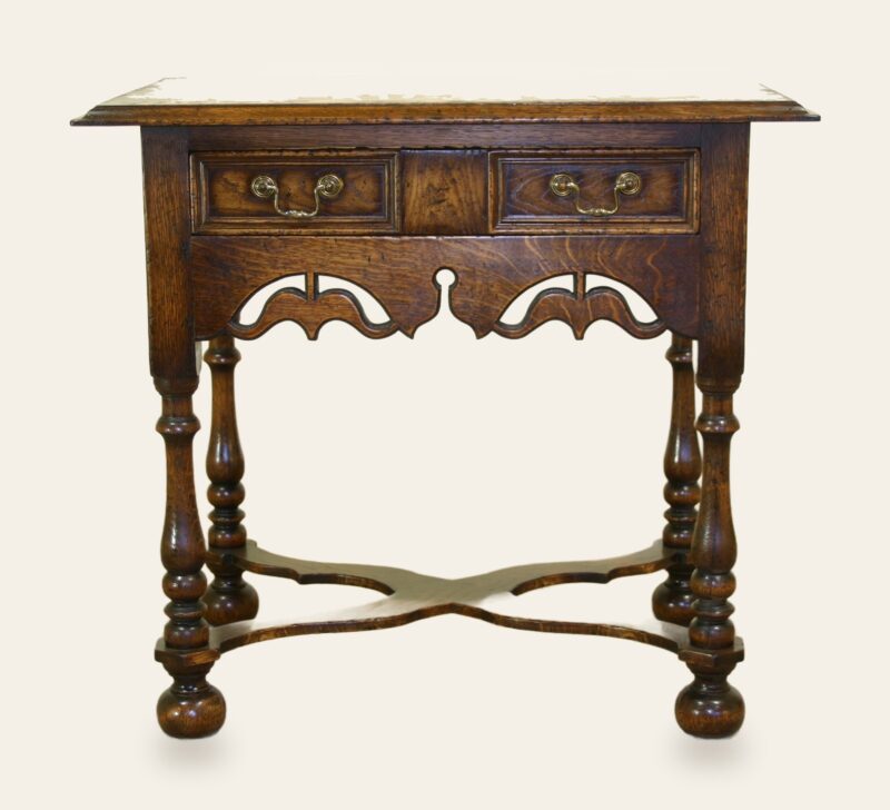 Fretted bun foot hall table, front view — handmade by Bryn Hall in Suffolk