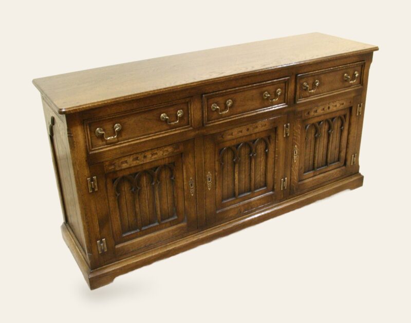 Gothic dresser base three drawers, angle, view 1 — handmade by Bryn Hall in Suffolk
