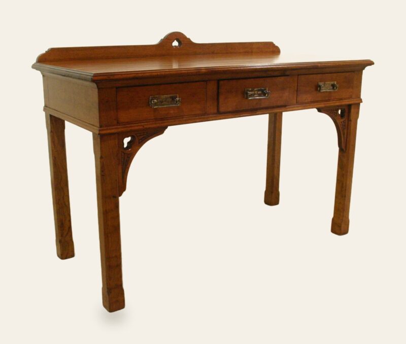 Gothic type dressing table, angle view cherry — handmade by Bryn Hall in Suffolk