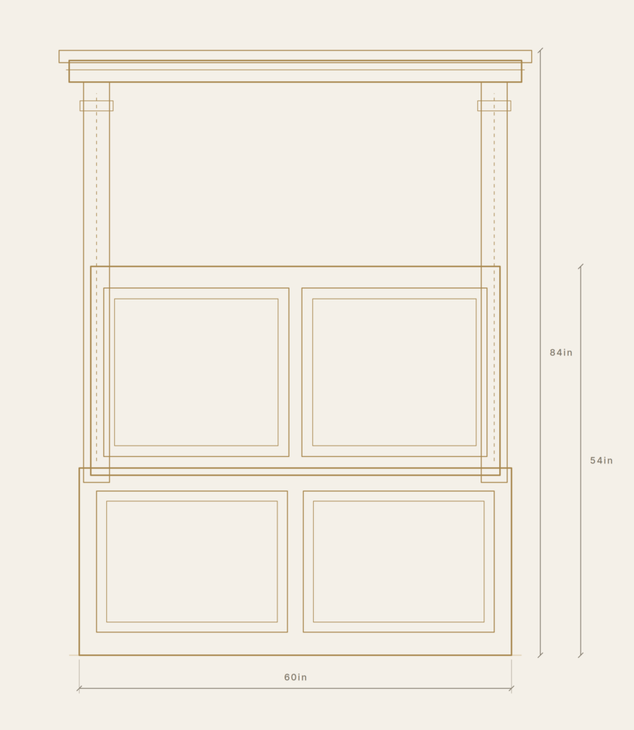 Half-tester bed, post-carried — measured front elevation