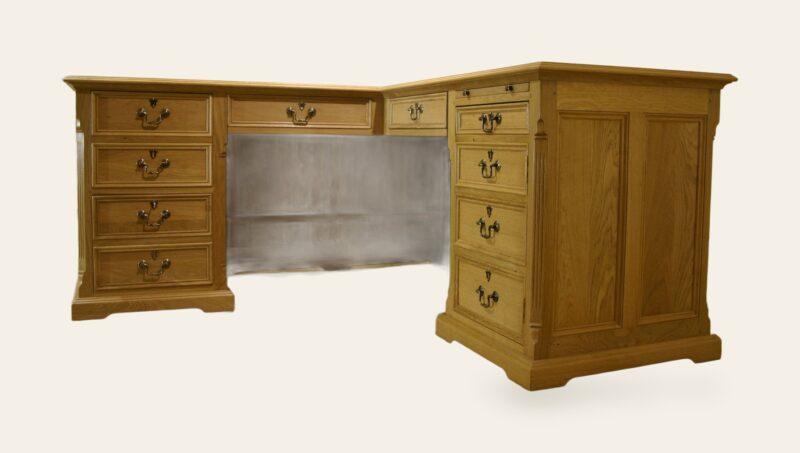 Large corner desk leather, top, view 1 — handmade by Bryn Hall in Suffolk