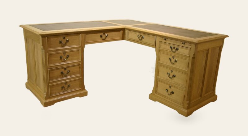 Large corner desk leather, top, view 3 — handmade by Bryn Hall in Suffolk
